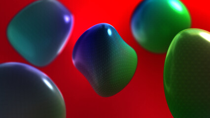 3D rendering of isolated blobs with gradient colors on vibrant red  background. A work of hyper-realistic abstraction digital art