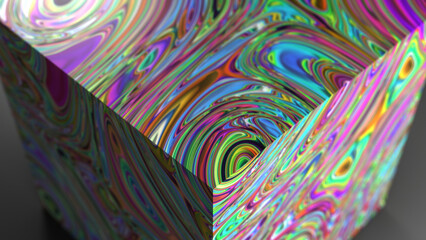 3D rendering of an isolated plain cube with liquid marbling effect texture in dark environment. A work of hyper-realistic abstraction digital art