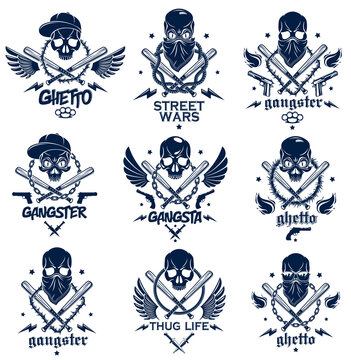 Gangster emblem logo or tattoo with aggressive skull baseball bats and other weapons and design elements, vector set, criminal ghetto vintage style, gangster anarchy or mafia theme.