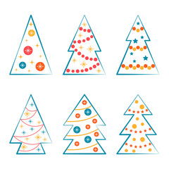 vector set of christmas contour trees in bright color