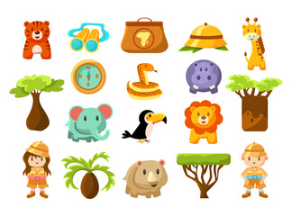 African Safari with Wildlife Animals and Travelers Character Big Vector Set