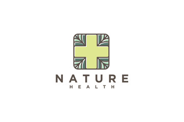 Obraz premium Nature health medical logo design green organic leaves icon symbol red cross illustration