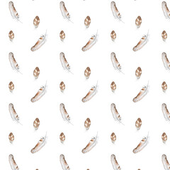 Watercolor seamless pattern with owl , moon , stars and clouds