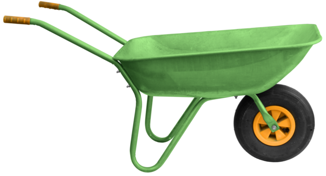 Green garden metal wheelbarrow cart isolated