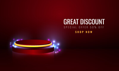 3d Cylinder podium red and yellow with light effect. Product display for promo design