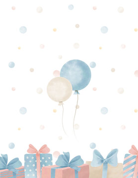 Template for Birthday greeting Card or Party invitation. Hand drawn Watercolor illustration with air balloons and gift boxes on transparent background with confetti