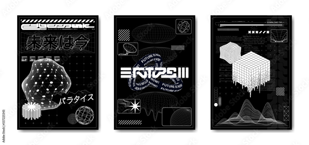 Poster Retrofuturistic poster mockup in synthwave and vaporwave style. Cyberpunk posters set with geometric shapes elements with glitch, deformation effects. Cyberpunk mockup cover from 80s-90s. Vector set	
