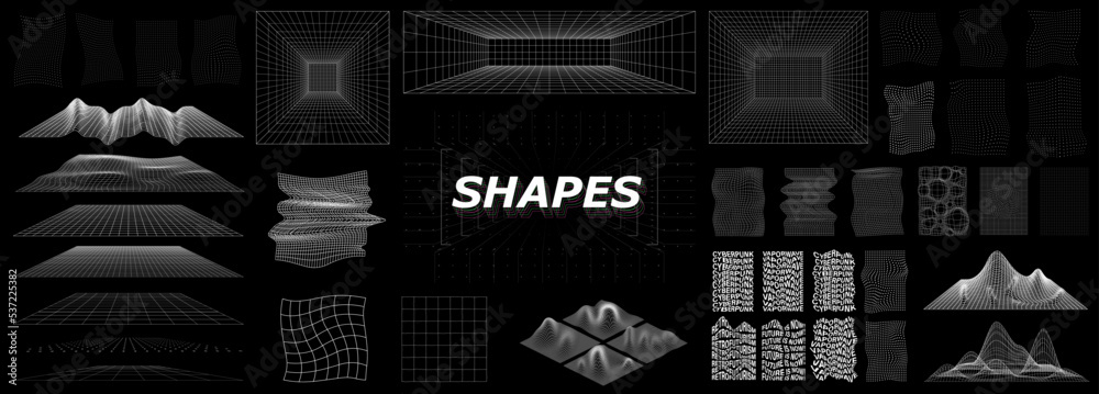 Aufkleber Volumetric objects retrofuturistic concept. Grid frame, mesh, abstract backgrounds and grid style ground, tunnels and rooms in perspective. Cyberpunk graphic set 80s 90s vaporwave. Vector elements	
