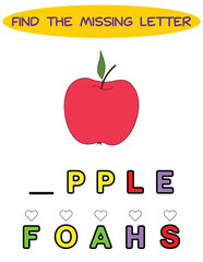 Find missing letter.Red Apple. Educational spelling game for kids.Education puzzle for children find missing letter of cute cartoon apple  printable bug worksheet