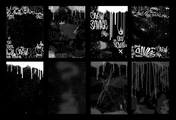 Street Monochrome Overlay Texture Stamps. Vector street art set with effect spray, grainy, graffiti, dust, dripping paint, bombing, grunge. Overlay texture with spray and graffiti tags. Vector stamps	 - obrazy, fototapety, plakaty