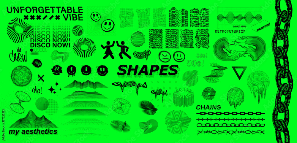 Poster crazy acid elements, trendy objects symbolizing the rave trip and the wave of 80s and 90s. 3d graphi