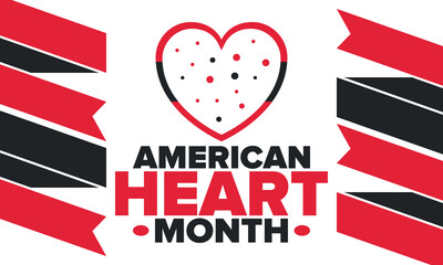Obraz premium American Heart Month in United States. Celebrate annual in February. Nationwide problem of heart and blood vessel diseases. Medical healthcare concept. Support and protection campaign. Vector poster