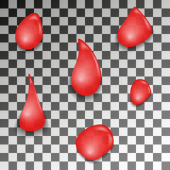 Set of transparent drops in red colors. Blood or wine. Vector for any background