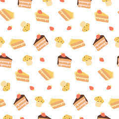 Cakes, muffin vector pattern. Chocolate, vanilla, strawberry, cake, muffin, cupcake, cheesecake. Bakery menu design. Sweet wallpaper, wrapping paper.