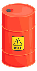 Red drum barrel with toxic liquid. Metal safety transportation container