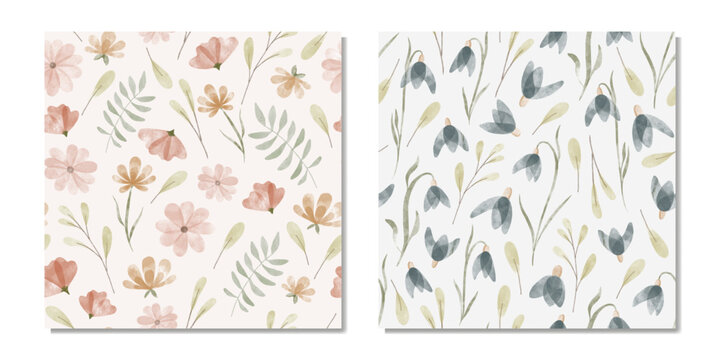Set of floral spring watercolor seamless pattern with blue, pink, orange flowers and green leaves. Watercolor hand drawn isolated illustration border, meadow or floral background for your design.