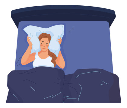 Sad Woman In Bed Covering Ears With Pillow. Insomnia Or Stressed Person