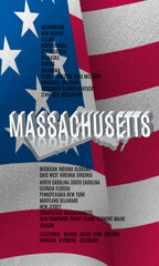 Massachusetts inscription on American flag background. 3D image