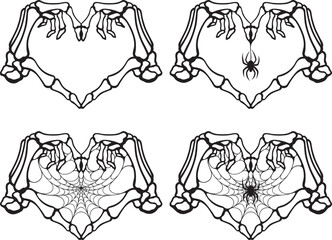 Stylized skeleton hands in heart gesture. Tattoo, Halloween design and decor element, coloring book pages. Highly detailed and accurate lines for print or engraving