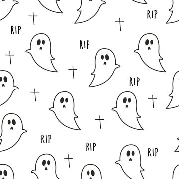 Vector. Hand-drawn seamless pattern with cute ghosts. Halloween pattern. Happy Halloween.
