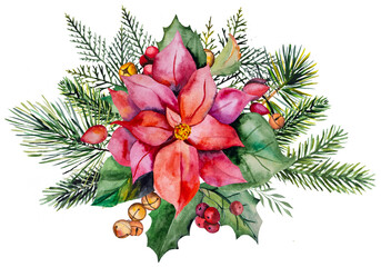 Christmas Watercolor illustration with Poinsettia flower, fir tree branches, berries and bells