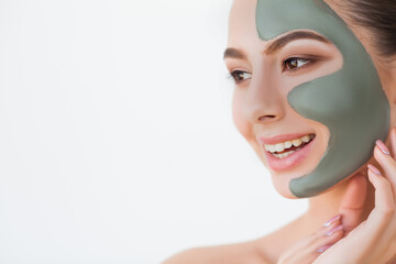Female face with perfect skin and gray spa mask.