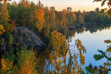 Panorama of Zhytomyr, a yellow autumn forest with a river.