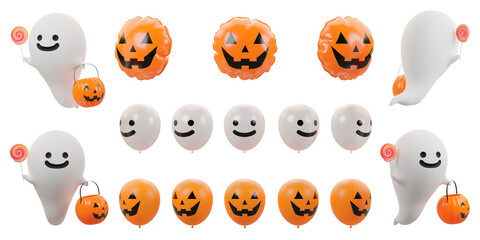 キャンディを持ったハロウィンのゴーストとバルーン / 明るく楽しいハロウィンのモチーフ / 3Dレンダリング