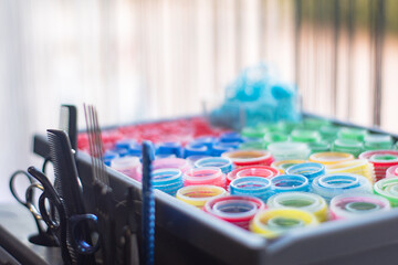Detail of colored curlers in a hairdresser. Hairdresser tools.
