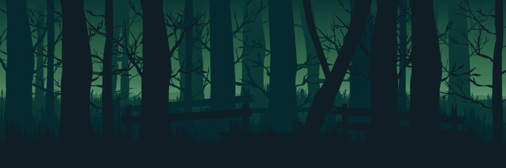 spooky forest landscape flat design vector illustration good for wallpaper, background, backdrop, banner, web, october, halloween and design template