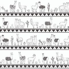 Lama alpaca animal vector striped seamless pattern.