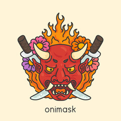 red Onimask and a flaming sword  Japan retro etching doodle flat cartoon vector illustration