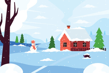 Winter landscape. Snowy valley with house, pine trees and snowman. Vector illustration flat design style. 
