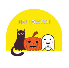 Happy Halloween! Pumpkin, cat and ghost. Trick or treat. Perfect banner, ads or party invitation background. Spooky. Fun party celebration. Night. 31 October. Vector Illustration.