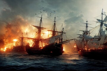 A sea battle involving sailing ships and galleons from the 16th century. Pirate ships are burning in the ocean as cannon fire hits them. 3D illustration - obrazy, fototapety, plakaty