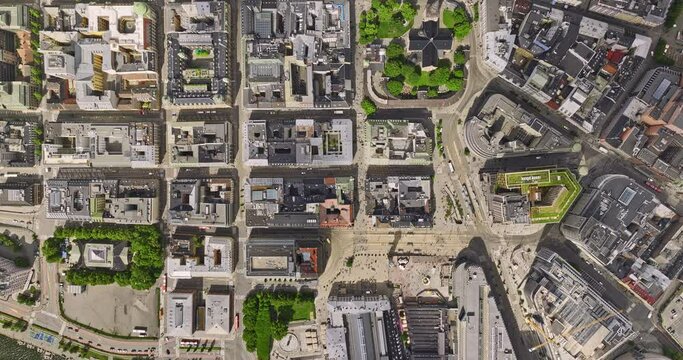 Oslo Norway v32 high angle vertical top down drone flyover sentrum neighborhood along karl johans gate towards royal palace capturing downtown cityscape from above - Shot with Mavic 3 Cine - June 2022