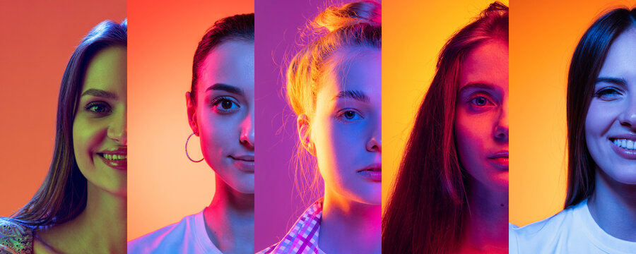 Cropped images of different young girls' faces on multicolored background in neon light. Collage made of 5 models. Diversity, youth, beauty, emotions