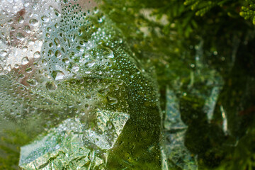 Christmas background, a tree with raindrops behind glass or film