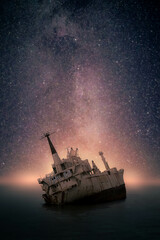 Stranded old shipwreck on the open ocean with the milky way in the background at dawn