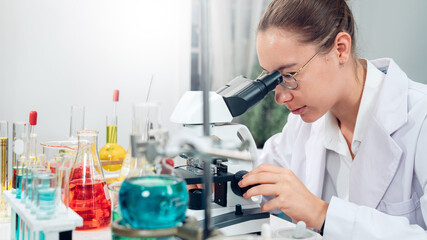 Fototapeta premium Scientist or researchers working in science laboratory, medical technology research work, science laboratory research and development concept.
