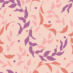Fototapeta na wymiar Seamless pattern with simple branches, leaves, plants. Pastel warm colors. Modern design for paper, cover, fabric, interior decor and other uses.