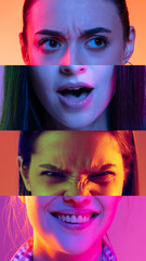 Scare and anger. Vertical composite image of male and female parts of faces isolated on colored neon background. Human emotions, psychology, mental health
