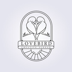 couple of lovebird line art modern logo vector illustration with badge design, with sunshine abstract