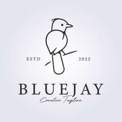 bluejay bird perch in branch in line art style for logo icon vector illustration design