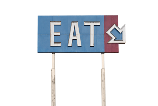 Vintage eat highway arrow sign isolated.