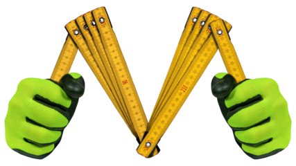 Manual worker with protective work gloves, holding an old yellow and orange folding ruler in the shape of letter M. Meter, unit of length. Isolated on white or transparent background, photography, png