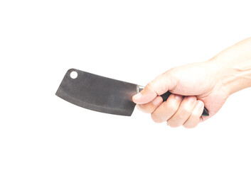 Large sharp cleaver knife in a man's hand isolated on white