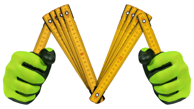 Manual worker with protective work gloves, holding an old yellow and orange folding ruler in the shape of letter M. Meter, unit of length. Isolated on white or transparent background, photography, png