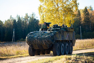 Military training on the battlefield with armored vehicles drives on forest road. Army war concept.