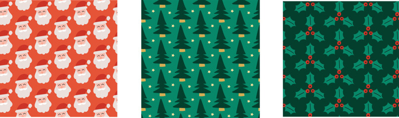 Obraz premium cute simple trees mistletoe Santa Claus Christmas winter seamless repeat pattern collection bundle set 